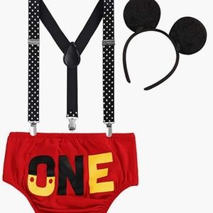 One year old bloomers with suspenders outfit and Mickey ears